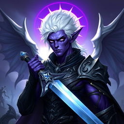 A male Drow paladin character with vibrant purple skin, deep black eyes, and striking white hair, perfectly clean-shaven
