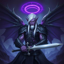 A male Drow paladin character with vibrant purple skin, deep black eyes, and striking white hair, perfectly clean-shaven