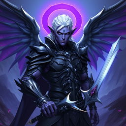 A male Drow paladin character with vibrant purple skin, deep black eyes, and striking white hair, perfectly clean-shaven