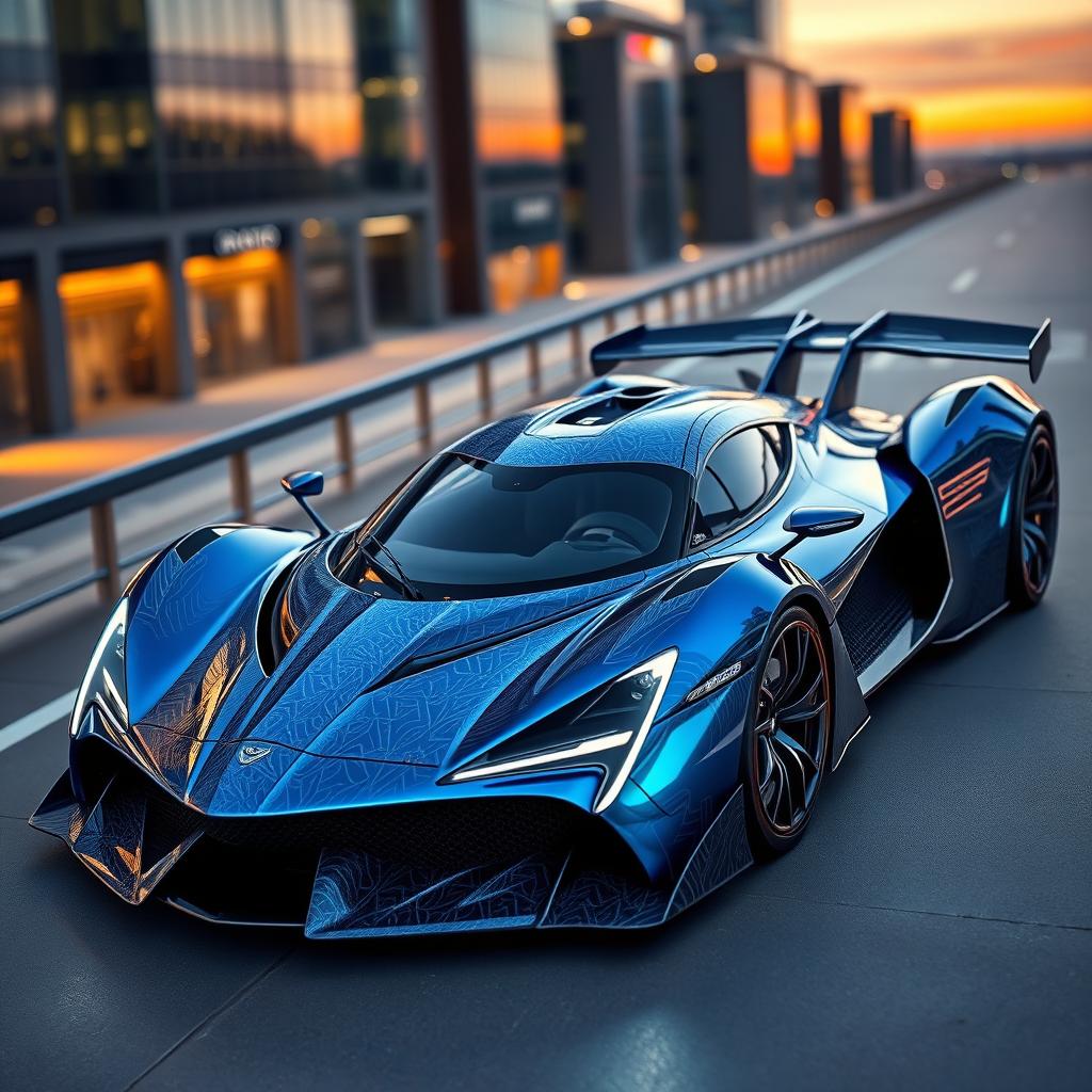 A stunning hypercar featuring a unique, futuristic design with sharp, aerodynamic lines and an aggressive stance