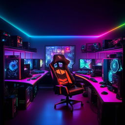 A sophisticated gaming room setup with high-end computer systems, vibrant RGB lighting, comfortable gaming chairs, and multiple monitors.