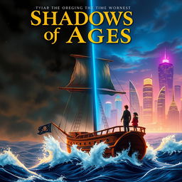 A sailing ship named 'Shadows of Ages' navigates through crashing waves in the lower half of the cover, symbolizing the pirate world