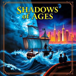 A sailing ship named 'Shadows of Ages' navigates through crashing waves in the lower half of the cover, symbolizing the pirate world