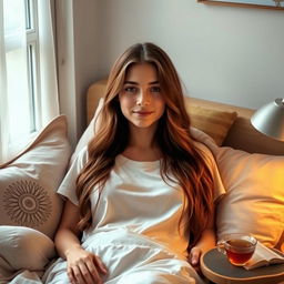 A serene and cozy bedroom scene featuring a young adult woman comfortably lounging in bed