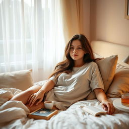 A serene and cozy bedroom scene featuring a young adult woman comfortably lounging in bed