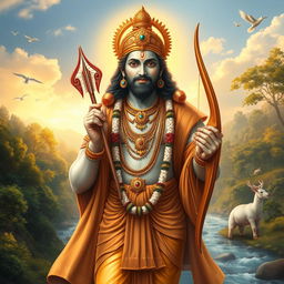 A majestic and respectful depiction of Lord Shree Ram, wearing traditional royal attire, adorned with intricate jewelry