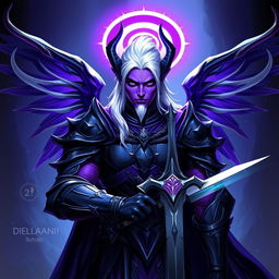 A male Drow paladin character with vibrant purple skin, deep black eyes, and striking white hair, perfectly clean-shaven