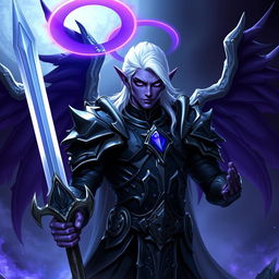 A male Drow paladin character with vibrant purple skin, deep black eyes, and striking white hair, perfectly clean-shaven