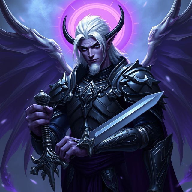 A male Drow paladin character with vibrant purple skin, deep black eyes, and striking white hair, perfectly clean-shaven