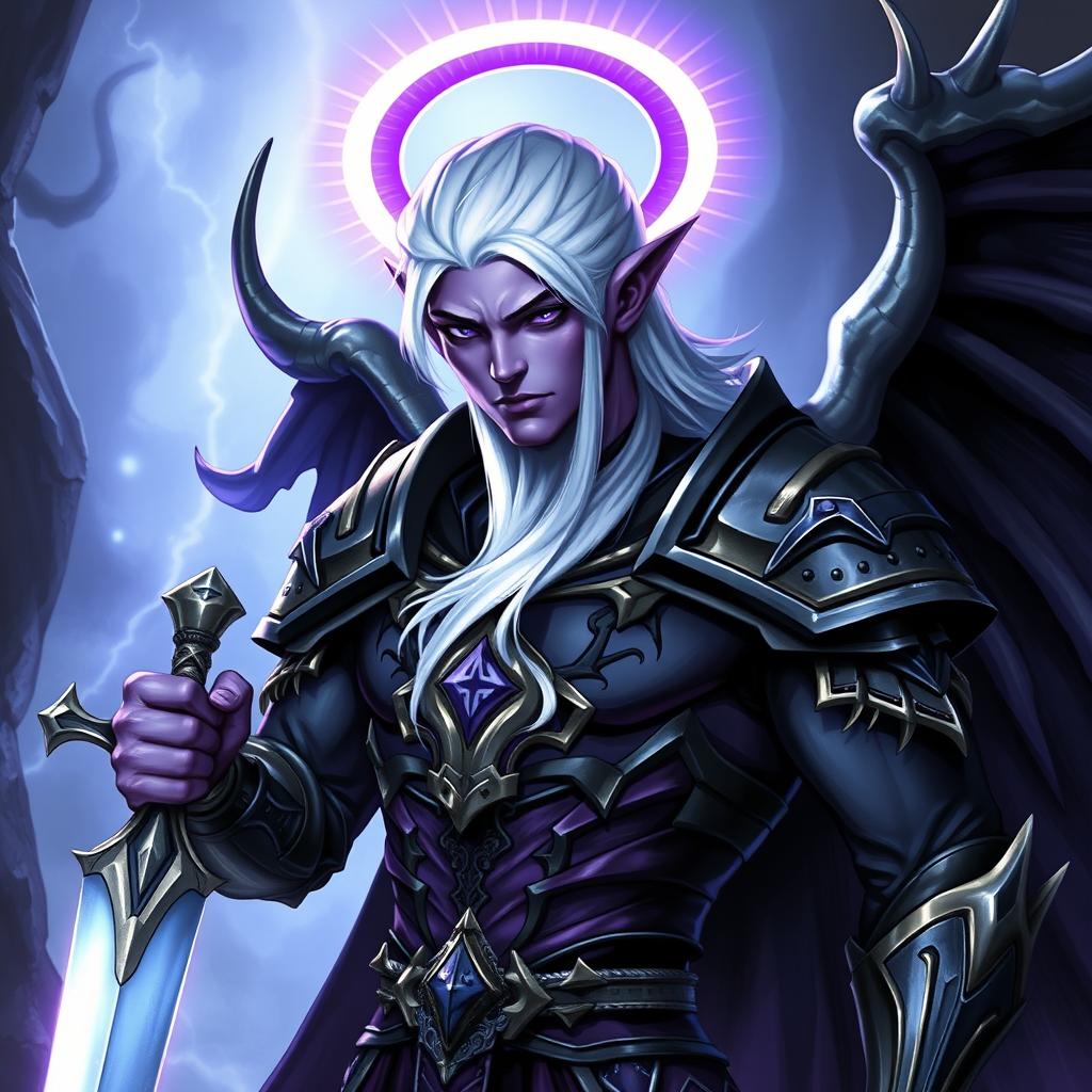 A male Drow paladin character with vibrant purple skin, deep black eyes, and striking white hair, perfectly clean-shaven