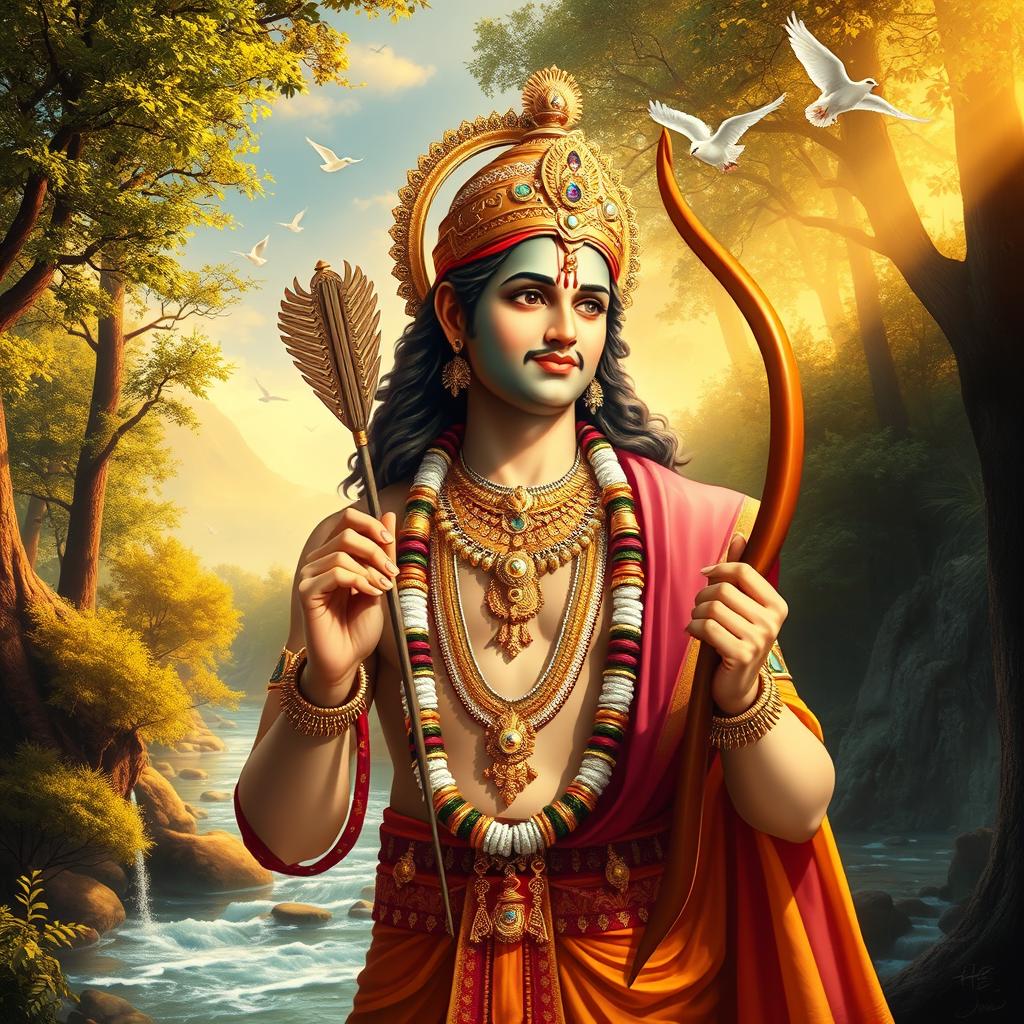 A majestic and respectful depiction of Lord Shree Ram, wearing traditional royal attire, adorned with intricate jewelry