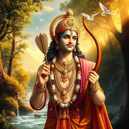 A majestic and respectful depiction of Lord Shree Ram, wearing traditional royal attire, adorned with intricate jewelry