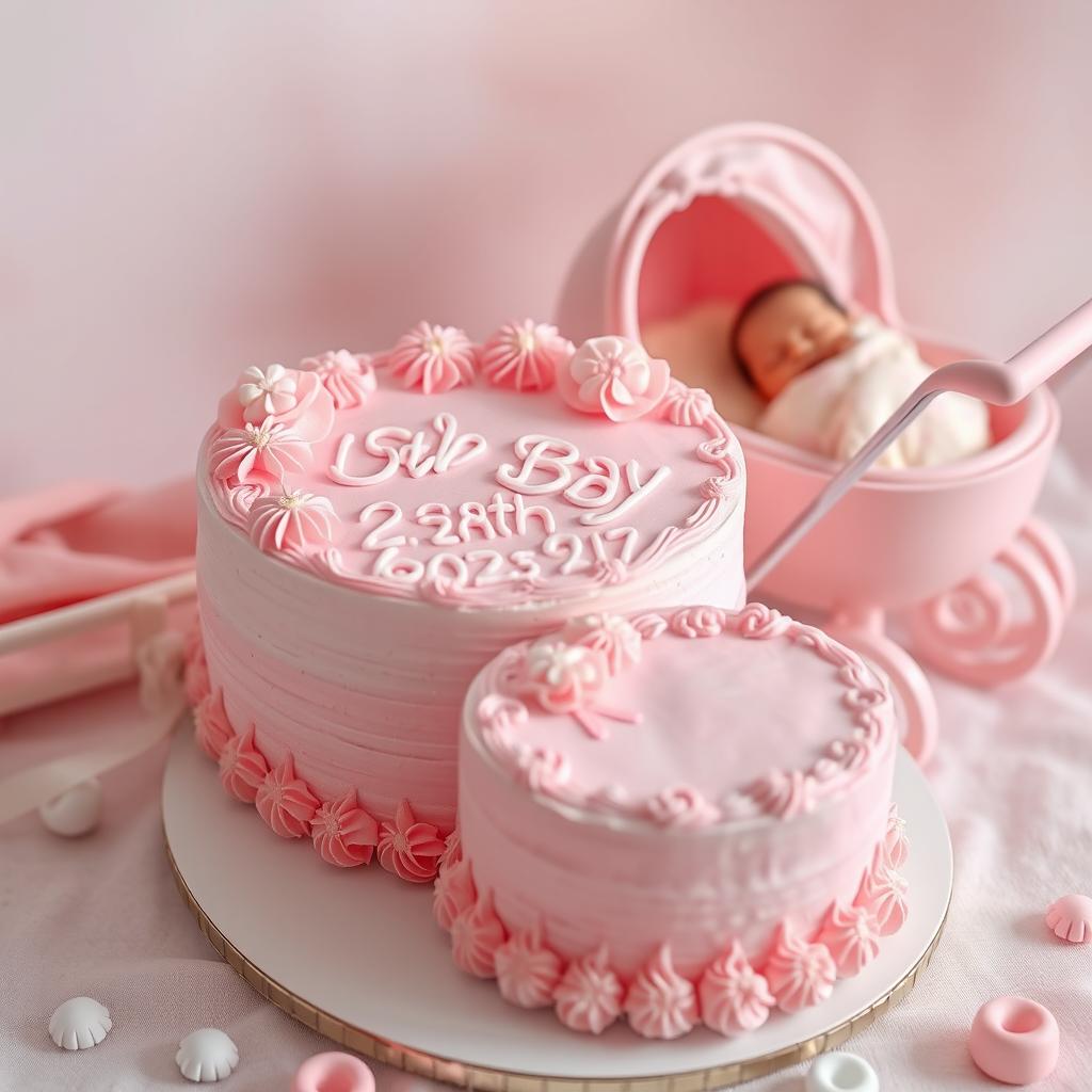 A beautifully decorated cake for a newborn baby girl, featuring pink icing and pastel decorations