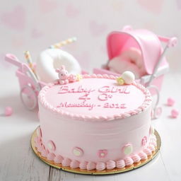 A beautifully decorated cake for a newborn baby girl, featuring pink icing and pastel decorations