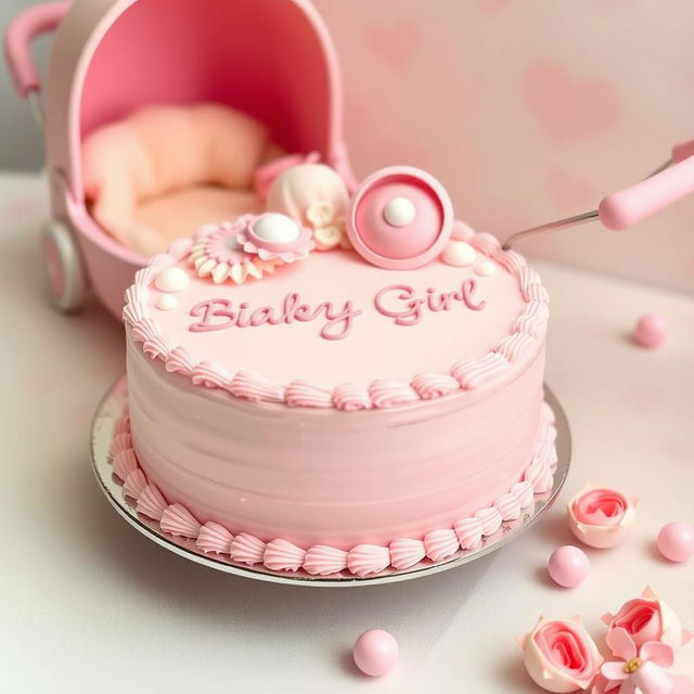 A beautifully decorated cake for a newborn baby girl, featuring pink icing and pastel decorations