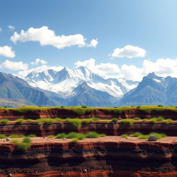 A vivid and colorful landscape featuring majestic mountains in the background, showcasing various shades of blue and gray with white snow caps