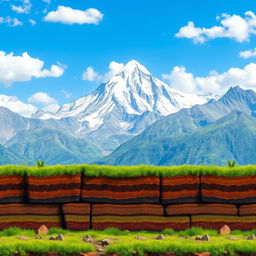 A vivid and colorful landscape featuring majestic mountains in the background, showcasing various shades of blue and gray with white snow caps