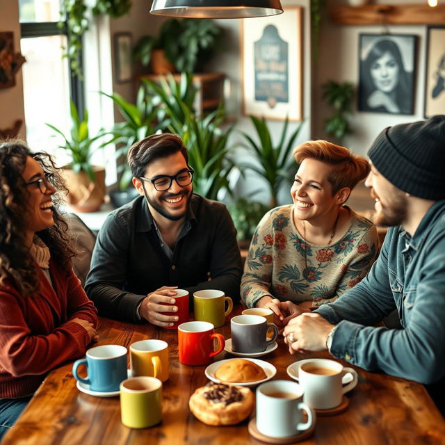 A group of diverse friends gathered in a cozy coffee shop, laughing and enjoying each other's company