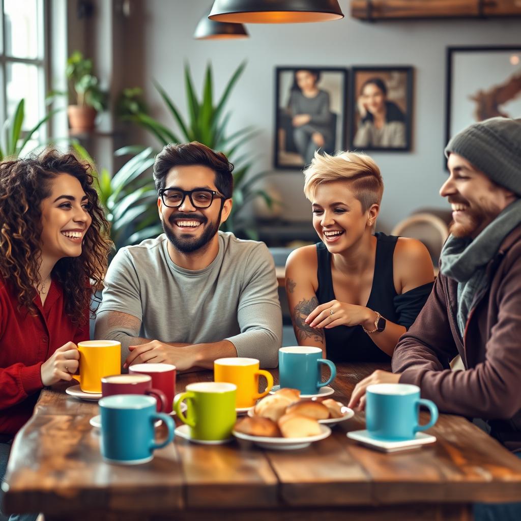 A group of diverse friends gathered in a cozy coffee shop, laughing and enjoying each other's company