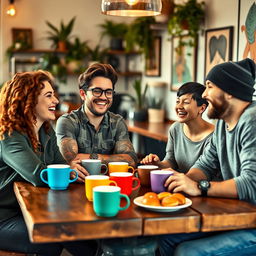 A group of diverse friends gathered in a cozy coffee shop, laughing and enjoying each other's company