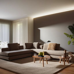 An L-shaped furniture arrangement in a stylish, well-lit living room