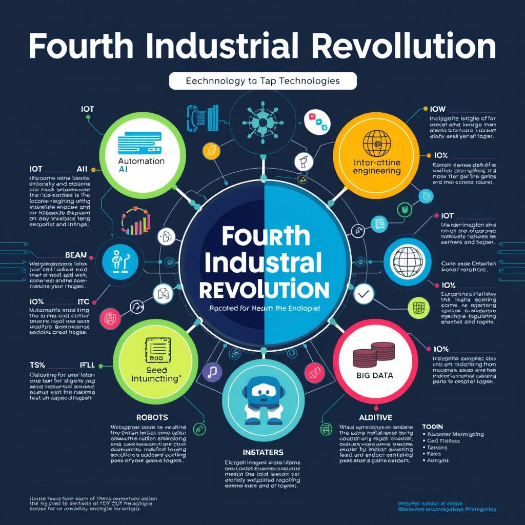 A detailed infographic illustrating the key technologies of the Fourth Industrial Revolution as applied to electronic engineering and industrial engineering