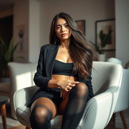 A fashion-forward young woman confidently sitting on a stylish chair in a chic, modern room