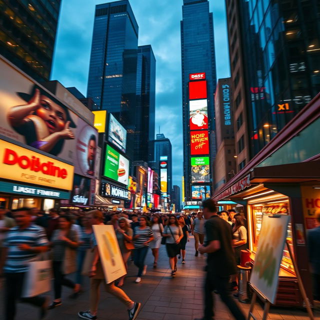 A vibrant and dynamic scene depicting a bustling city street at dusk, with glowing lights and a sense of movement