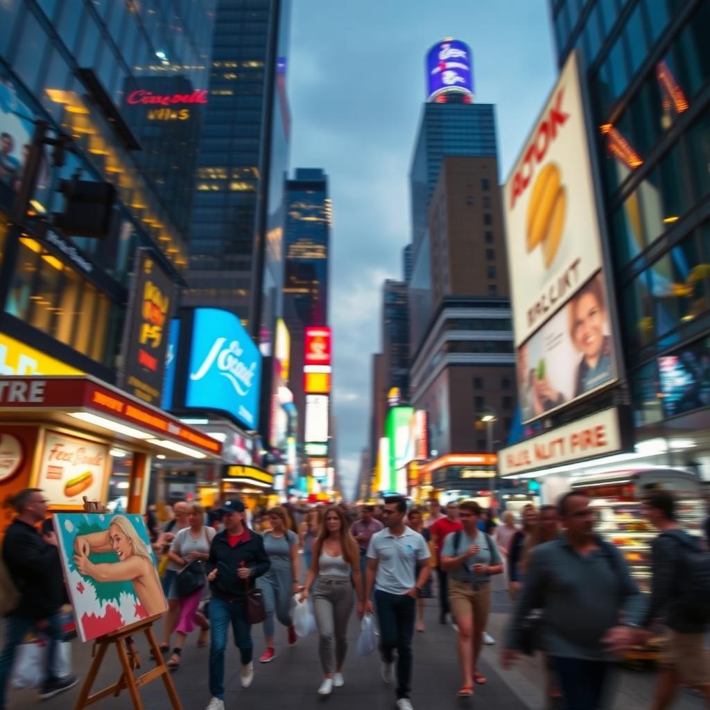 A vibrant and dynamic scene depicting a bustling city street at dusk, with glowing lights and a sense of movement