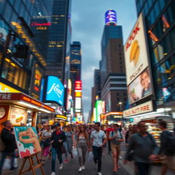 A vibrant and dynamic scene depicting a bustling city street at dusk, with glowing lights and a sense of movement