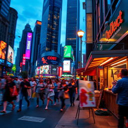 A vibrant and dynamic scene depicting a bustling city street at dusk, with glowing lights and a sense of movement
