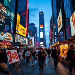 A vibrant and dynamic scene depicting a bustling city street at dusk, with glowing lights and a sense of movement