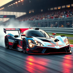 A futuristic Le Mans racing car designed with a 1990s aesthetic, featuring sleek aerodynamic shapes, vibrant colors reminiscent of 90s racing designs, and intricate detailing