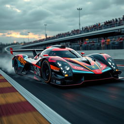 A futuristic Le Mans racing car designed with a 1990s aesthetic, featuring sleek aerodynamic shapes, vibrant colors reminiscent of 90s racing designs, and intricate detailing
