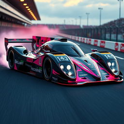 A futuristic Le Mans racing car designed with a 1990s aesthetic, featuring sleek aerodynamic shapes, vibrant colors reminiscent of 90s racing designs, and intricate detailing