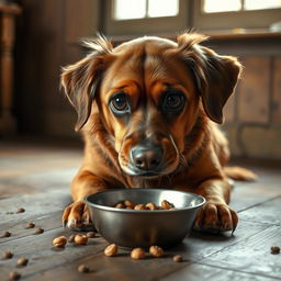 A sad, hungry dog with big, expressive eyes sitting on an old wooden floor, looking longingly at a bowl of food in front of him