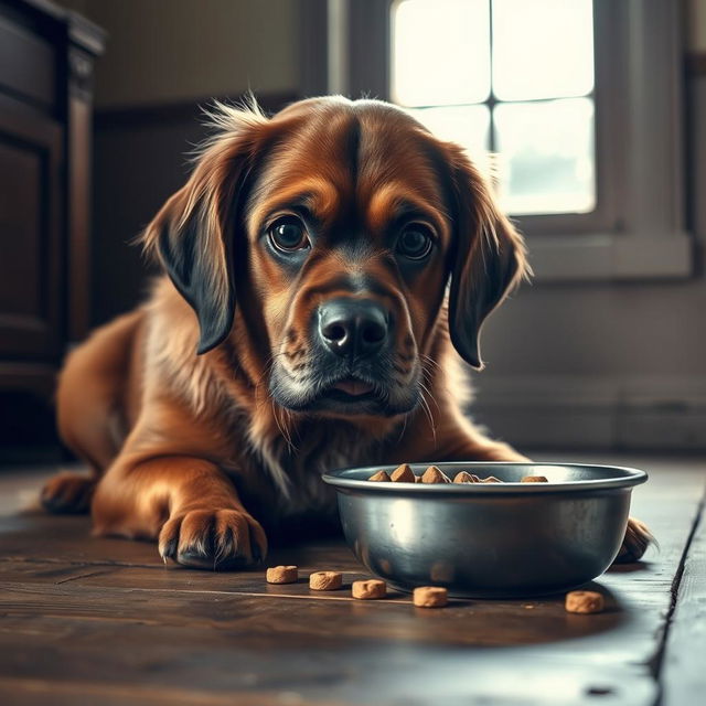 A sad, hungry dog with big, expressive eyes sitting on an old wooden floor, looking longingly at a bowl of food in front of him