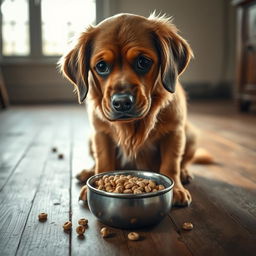 A sad, hungry dog with big, expressive eyes sitting on an old wooden floor, looking longingly at a bowl of food in front of him