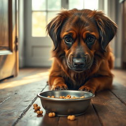 A sad, hungry dog with big, expressive eyes sitting on an old wooden floor, looking longingly at a bowl of food in front of him