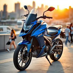 A sleek and modern Dacia-branded motorcycle parked outside a contemporary urban setting