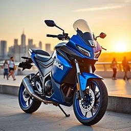 A sleek and modern Dacia-branded motorcycle parked outside a contemporary urban setting