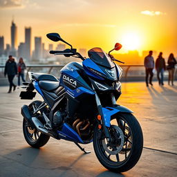 A sleek and modern Dacia-branded motorcycle parked outside a contemporary urban setting