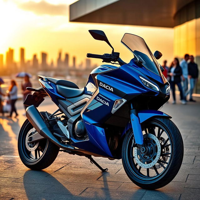 A sleek and modern Dacia-branded motorcycle parked outside a contemporary urban setting