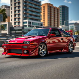 A sleek, modified Toyota Trueno AE92 Supercharger parked on a scenic street