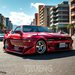 A sleek, modified Toyota Trueno AE92 Supercharger parked on a scenic street
