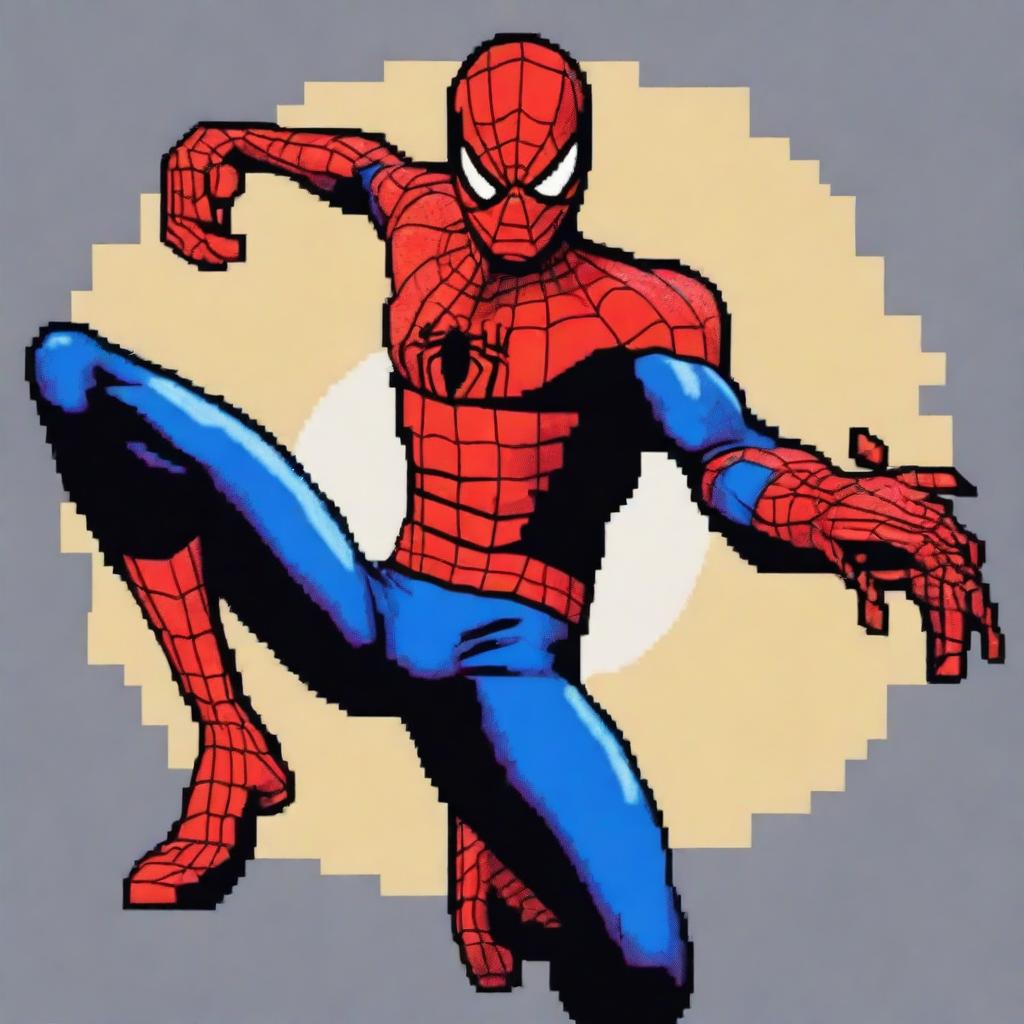 A digital art piece of Spiderman in pixel art style