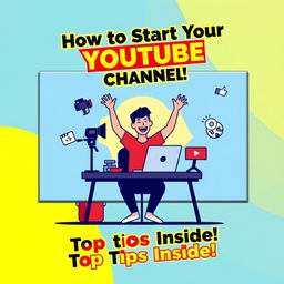 A visually engaging and informative thumbnail for a YouTube shorts video titled "How to Start Your YouTube Channel: Tips for Success"