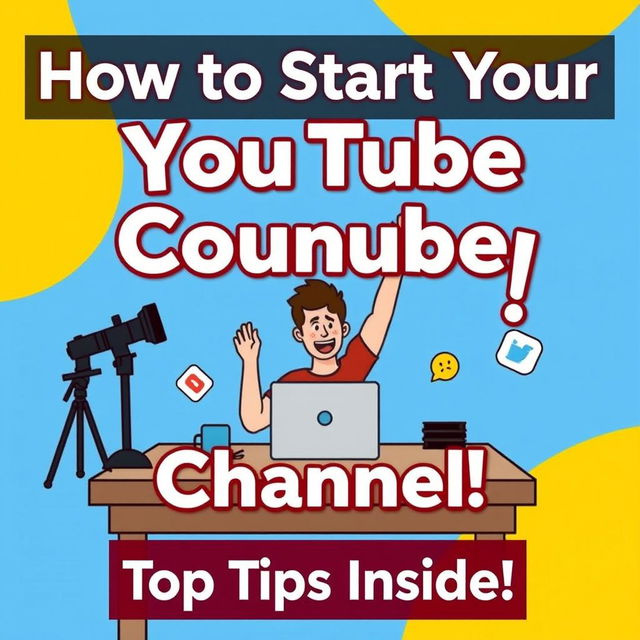 A visually engaging and informative thumbnail for a YouTube shorts video titled "How to Start Your YouTube Channel: Tips for Success"