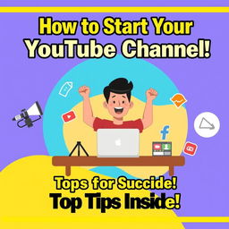 A visually engaging and informative thumbnail for a YouTube shorts video titled "How to Start Your YouTube Channel: Tips for Success"