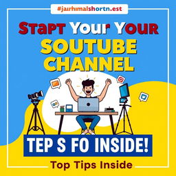 A visually engaging and informative thumbnail for a YouTube shorts video titled "How to Start Your YouTube Channel: Tips for Success"